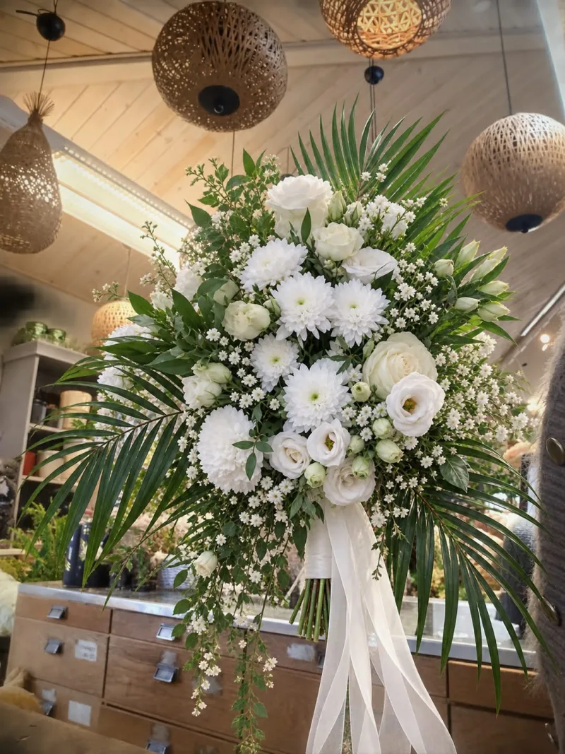 Bröllopsbukett med ljusa blommor och vita band